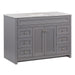 Angled view of 49 in. Rillette gray bathroom vanity with 4 drawers, 2 cabinets, satin nickel hardware, sink top