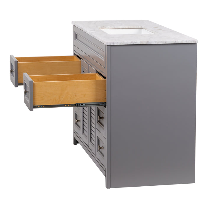 Open drawers on 49 in. Rillette gray bathroom vanity with 4 drawers, 2 cabinets, satin nickel hardware, sink top