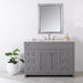 49 in. Rillette gray bathroom vanity with 4 drawers, 2 cabinets, satin nickel hardware, sink top installed in bathroom