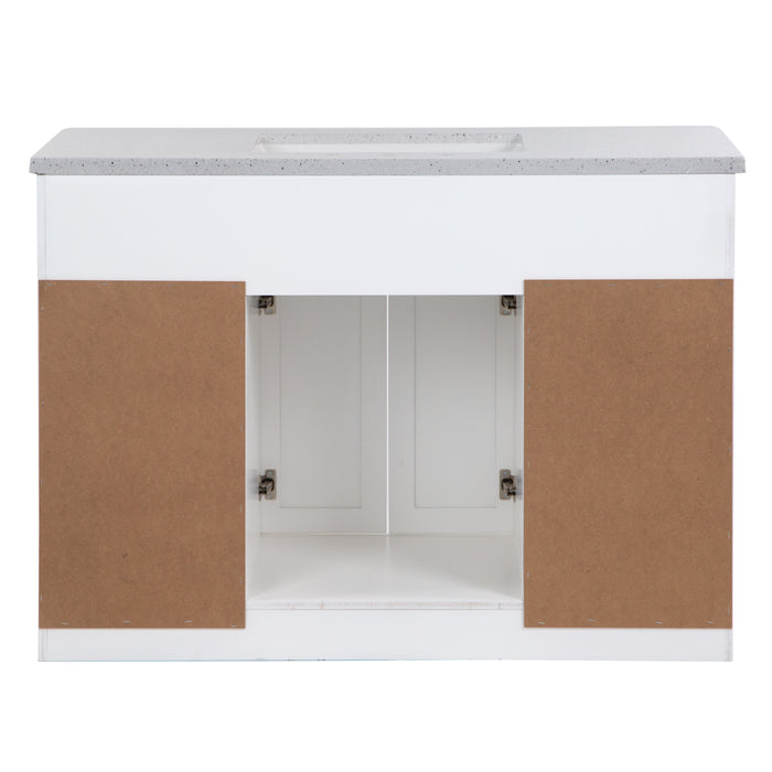 Open back on 49 in. Rillette white bathroom vanity with 4 drawers, 2 cabinets, satin nickel hardware, sink top