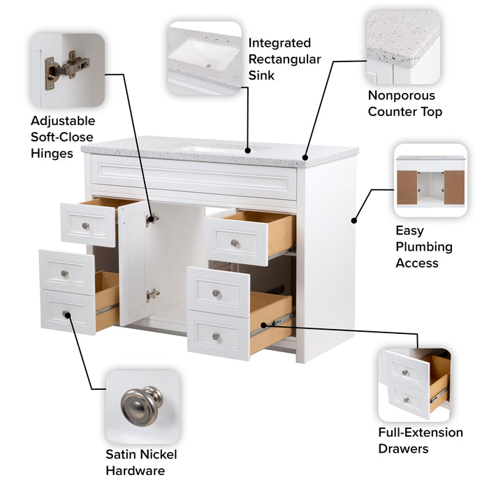 Features of 49 in. Rillette white bathroom vanity with 4 drawers, 2 cabinets, satin nickel hardware, sink top