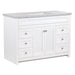Angled view of 49 in. Rillette white bathroom vanity with 4 drawers, 2 cabinets, satin nickel hardware, sink top