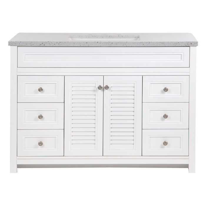 49 in. Rillette white bathroom vanity with 4 drawers, 2 cabinets, satin nickel hardware, silver ash sink top