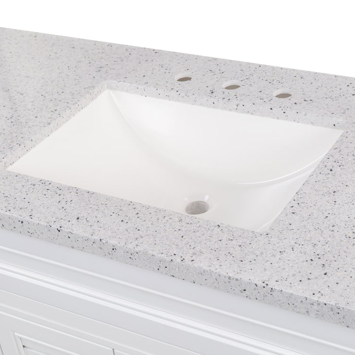 Predrilled sink top on 49 in. Rillette white bathroom vanity with 4 drawers, 2 cabinets, satin nickel hardware, sink top