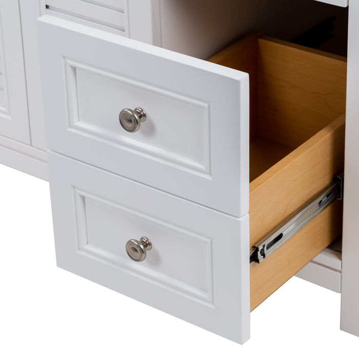 Open drawer on 49 in. Rillette white bathroom vanity with 4 drawers, 2 cabinets, satin nickel hardware, sink top