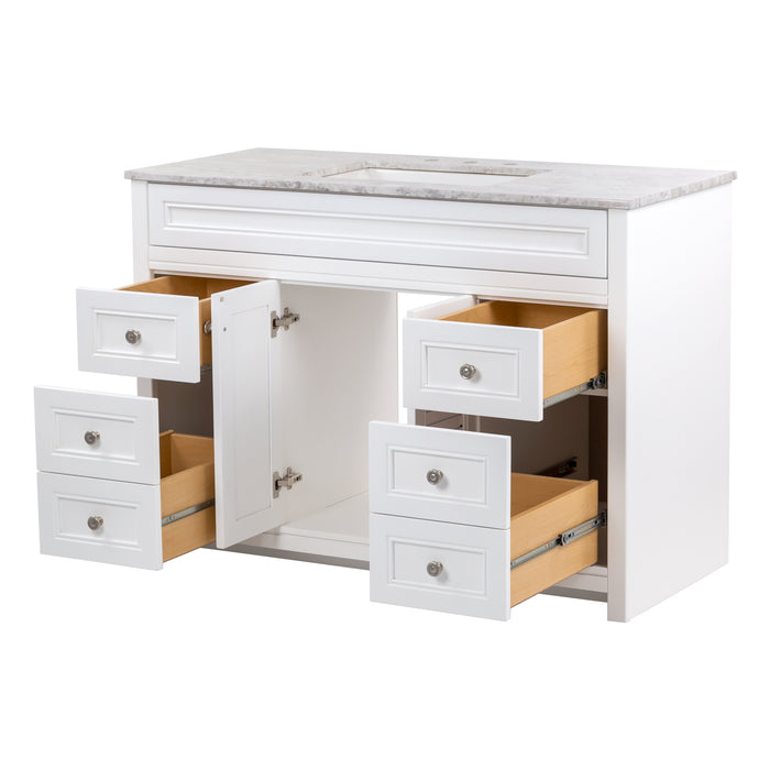 Open doors and drawers on 49 in. Rillette white bathroom vanity with 4 drawers, 2 cabinets, satin nickel hardware, sink top