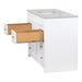 Open drawers on 49 in. Rillette white bathroom vanity with 4 drawers, 2 cabinets, satin nickel hardware, sink top