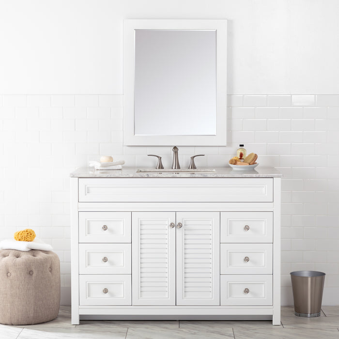 49 in. Rillette white bathroom vanity with 4 drawers, 2 cabinets, satin nickel hardware, sink top installed in bathroom