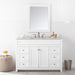 49 in. Rillette white bathroom vanity with 4 drawers, 2 cabinets, satin nickel hardware, sink top installed in bathroom