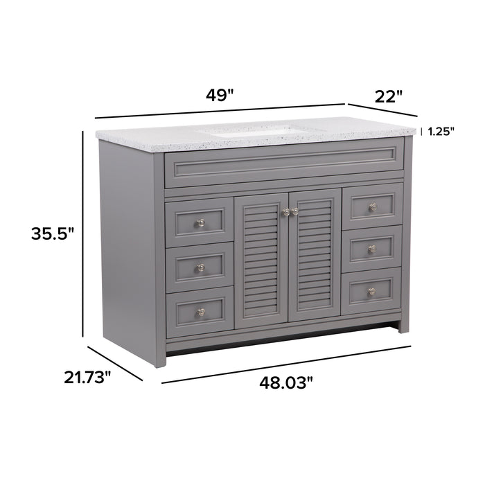 Measurements of 49 in. Rillette gray bathroom vanity with 4 drawers, 2 cabinets, satin nickel hardware, sink top: 49 in W x 22 in D x 35.5 in H
