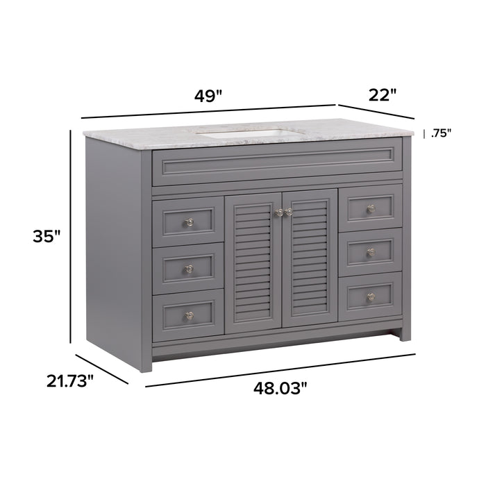 Measurements of 49 in. Rillette gray bathroom vanity with 4 drawers, 2 cabinets, satin nickel hardware, sink top: 49 in W x 22 in D x 35 in H