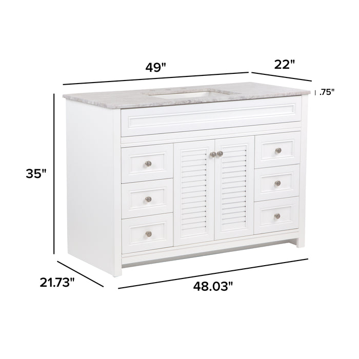 Measurements of 49 in. Rillette white bathroom vanity with 4 drawers, 2 cabinets, satin nickel hardware, sink top: 49 in W x 22 in D x 35 in H