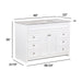 Measurements of 49 in. Rillette white bathroom vanity with 4 drawers, 2 cabinets, satin nickel hardware, sink top: 49 in W x 22 in D x 35 in H