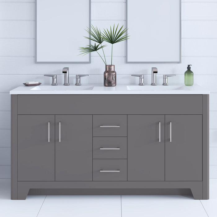 Salil 6 inch 4-door, 3-drawer gray double bathroom vanity with white sink top installed in bathroom 