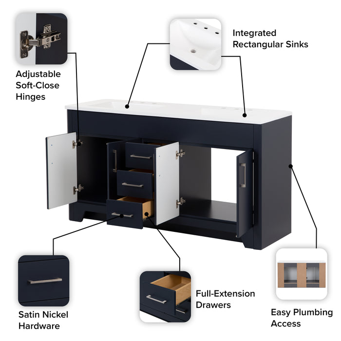 Features of Salil 60 inch 4-door, 3-drawer blue double bathroom vanity with white sink top