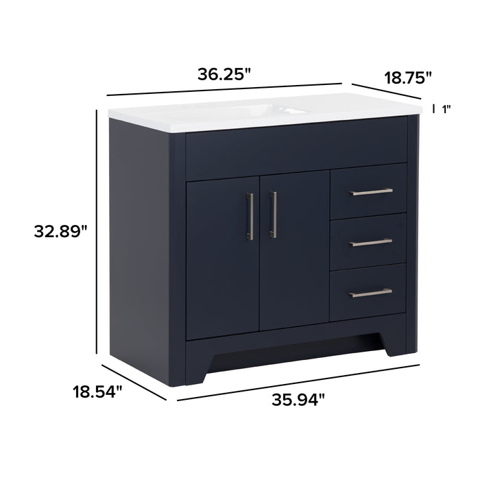 Measurements of Salil 36 inch 2-door blue bathroom vanity with 2 drawers and white top: 36.25 in W x 18.75 in D x 32.89 in H