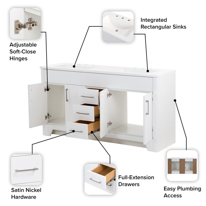 Features of Salil 60 inch 4-door, 3-drawer white double bathroom vanity with white sink top, open back, satin nickel hardware