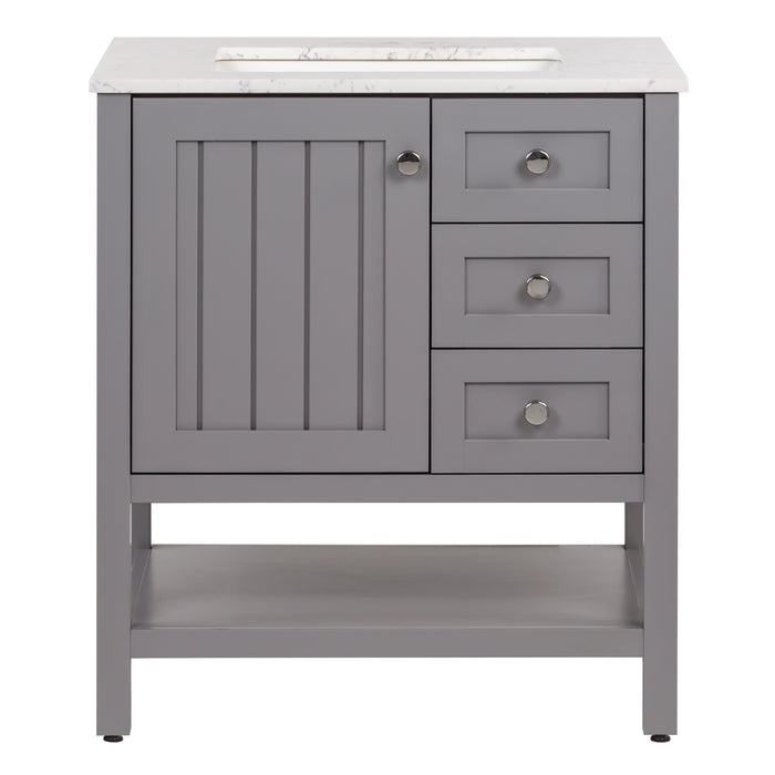 Sykes 31 in. sterling gray bathroom vanity with 2 drawers, open shelf, cabinet, and pulsar sink top
