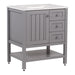 Angled view of Sykes 31 in. sterling gray bathroom vanity with 2 drawers, open shelf, cabinet, and pulsar sink top