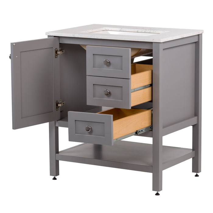 Open door and drawers on Sykes 31 in. sterling gray bathroom vanity with 2 drawers, open shelf, cabinet, and pulsar sink top