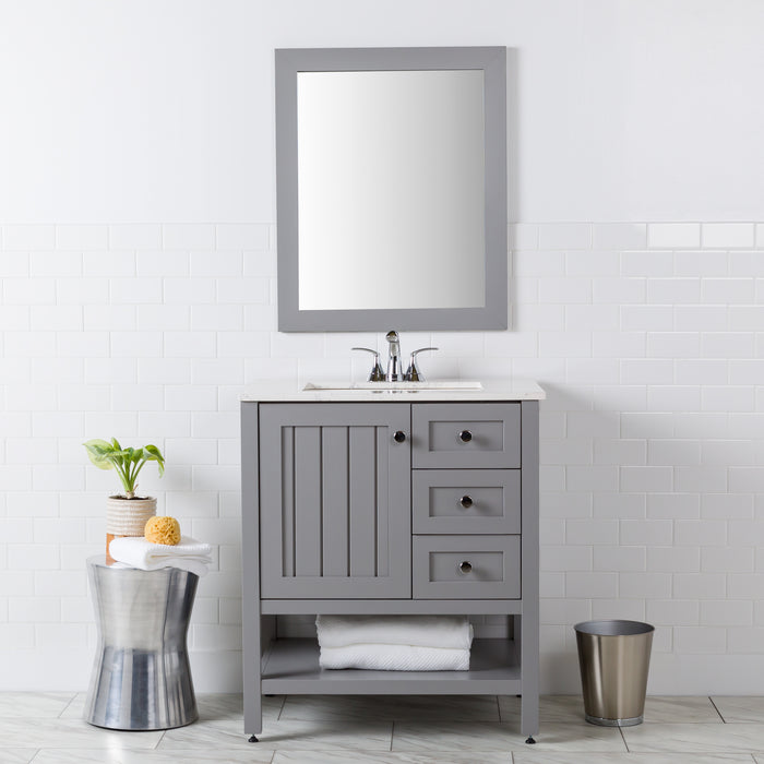 Sykes 31 in. sterling gray bathroom vanity with 2 drawers, open shelf, cabinet, and pulsar sink top installed in bathroom