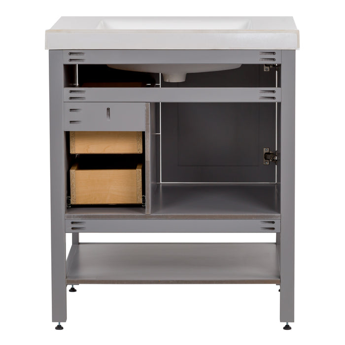 Open back on Sykes 31 in. sterling gray bathroom vanity with 2 drawers, open shelf, cabinet, and white sink top