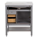 Open back on Sykes 31 in. sterling gray bathroom vanity with 2 drawers, open shelf, cabinet, and white sink top