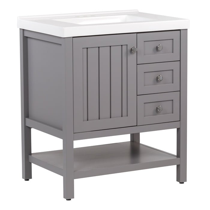Angled view of Sykes 31 in. sterling gray bathroom vanity with 2 drawers, open shelf, cabinet, and white sink top