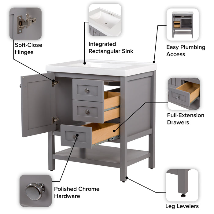 Features of Sykes 31 in. sterling gray bathroom vanity with 2 drawers, open shelf, cabinet, and white sink top