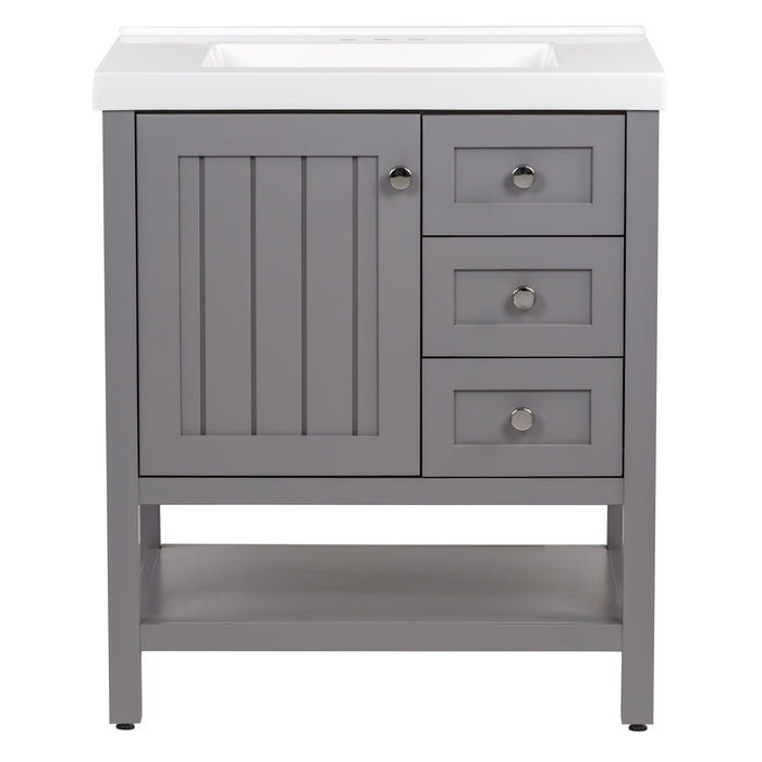 Sykes 31 in. sterling gray bathroom vanity with 2 drawers, open shelf, cabinet, and white sink top