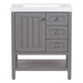 Sykes 31 in. sterling gray bathroom vanity with 2 drawers, open shelf, cabinet, and white sink top