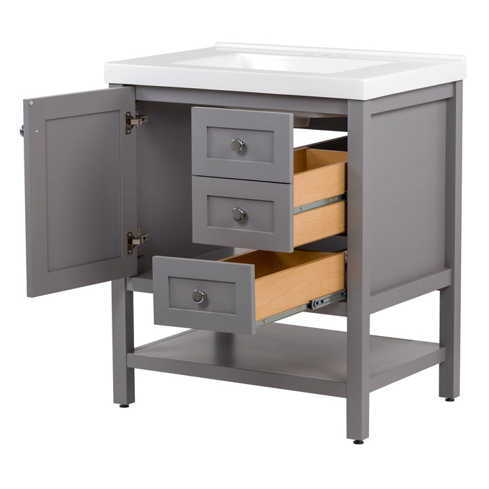 Open door and drawers on Sykes 31 in. sterling gray bathroom vanity with 2 drawers, open shelf, cabinet, and white sink top