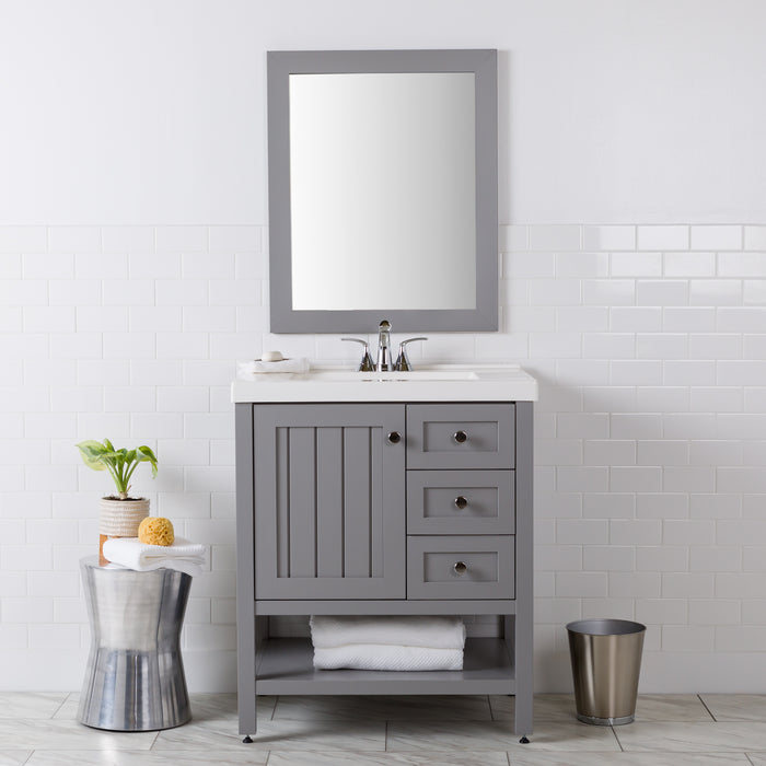 Sykes 31 in. sterling gray bathroom vanity with 2 drawers, open shelf, cabinet, and white sink top installed in bathroom