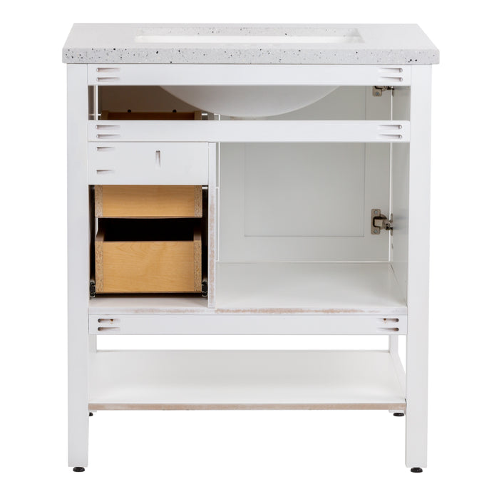 Open back on Sykes 31 in white bathroom vanity with 2 drawers, open shelf, cabinet, and silver ash sink top