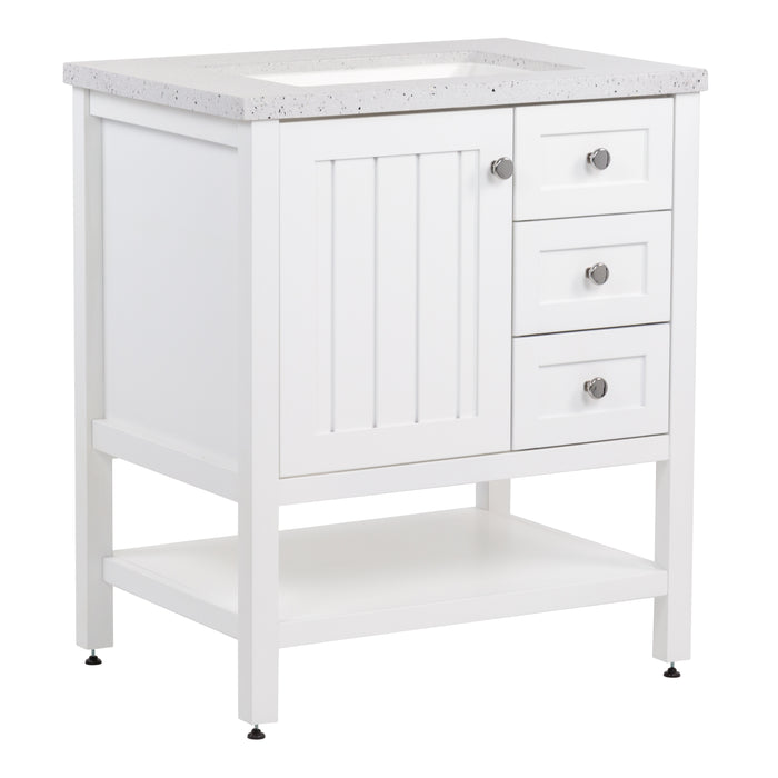 Side view of Sykes 31 in white bathroom vanity with 2 drawers, open shelf, cabinet, and silver ash sink top