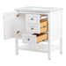 Open door and drawers on Sykes 31 in white bathroom vanity with 2 drawers, open shelf, cabinet, and silver ash sink top