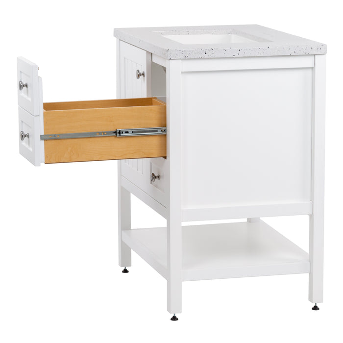 Side view of Sykes 31 in white bathroom vanity with 2 drawers, open shelf, cabinet, and silver ash sink top