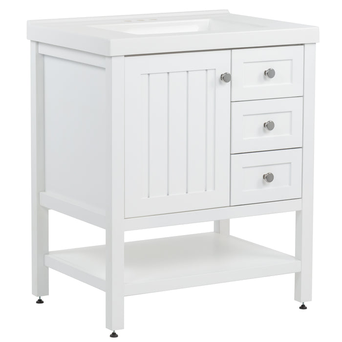 Anngled view of Sykes 31 in white bathroom vanity with 2 drawers, open shelf, cabinet, and white sink top