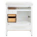 Open back on Sykes 31 in white bathroom vanity with 2 drawers, open shelf, cabinet, and white sink top