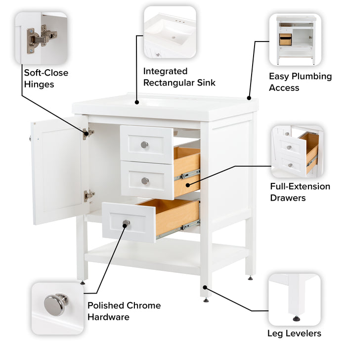 Features of Sykes 31 in white bathroom vanity with 2 drawers, open shelf, cabinet, and white sink top