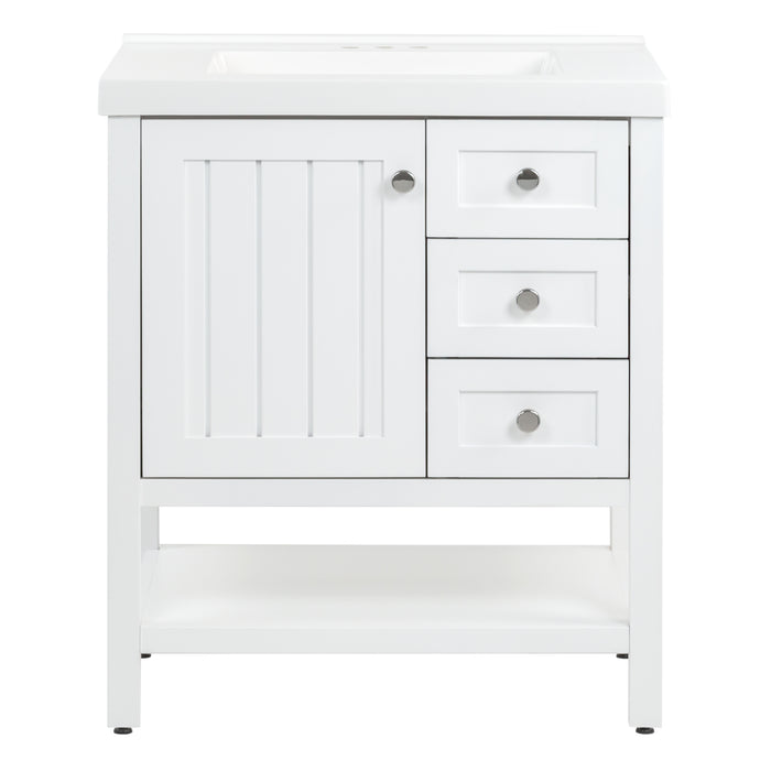 Sykes 31 in white bathroom vanity with 2 drawers, open shelf, cabinet, and white sink top