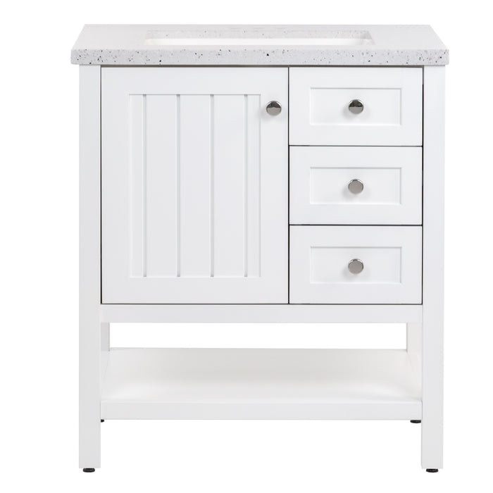 Sykes 31 in white bathroom vanity with 2 drawers, open shelf, cabinet, and silver ash sink top