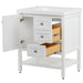 Open door and drawers, Sykes 31 in white bathroom vanity with 2 drawers, open shelf, cabinet, and white sink top