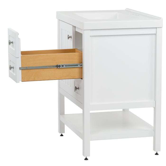Side view with open drawer on Sykes 31 in white bathroom vanity with 2 drawers, open shelf, cabinet, and white sink top