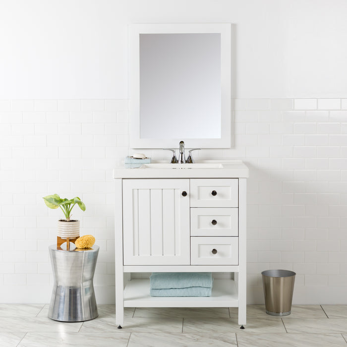 Sykes 31 in white bathroom vanity with 2 drawers, open shelf, cabinet, and white sink top Installed in bathroom