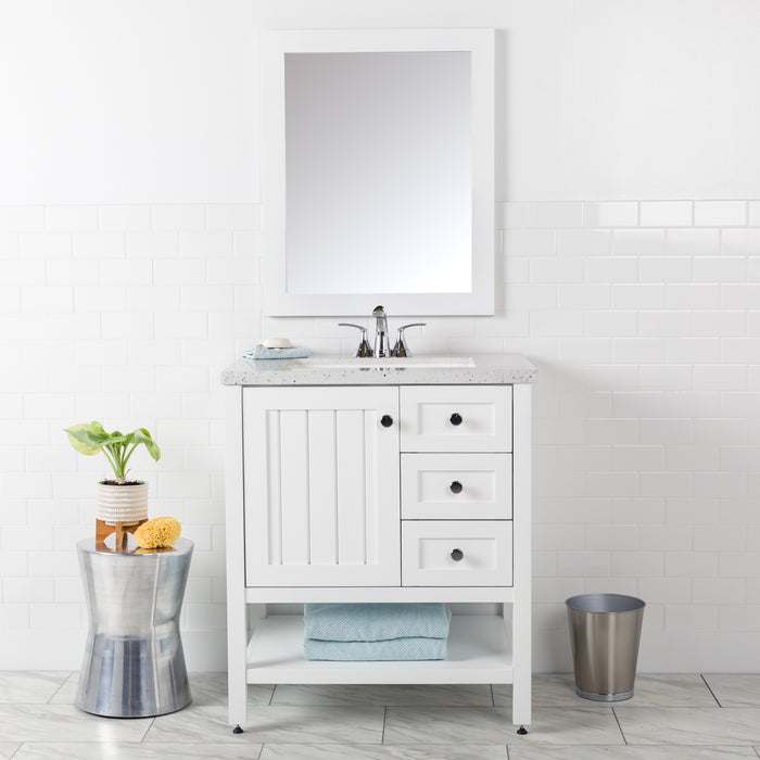 Sykes 31 in white bathroom vanity with 2 drawers, open shelf, cabinet, and silver ash sink top installed in bathroom