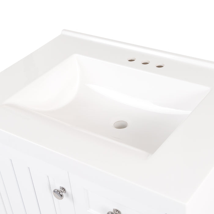 Predrilled sink closeup on Sykes 31 in white bathroom vanity with 2 drawers, open shelf, cabinet, and white sink top