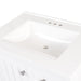 Predrilled sink closeup on Sykes 31 in white bathroom vanity with 2 drawers, open shelf, cabinet, and white sink top