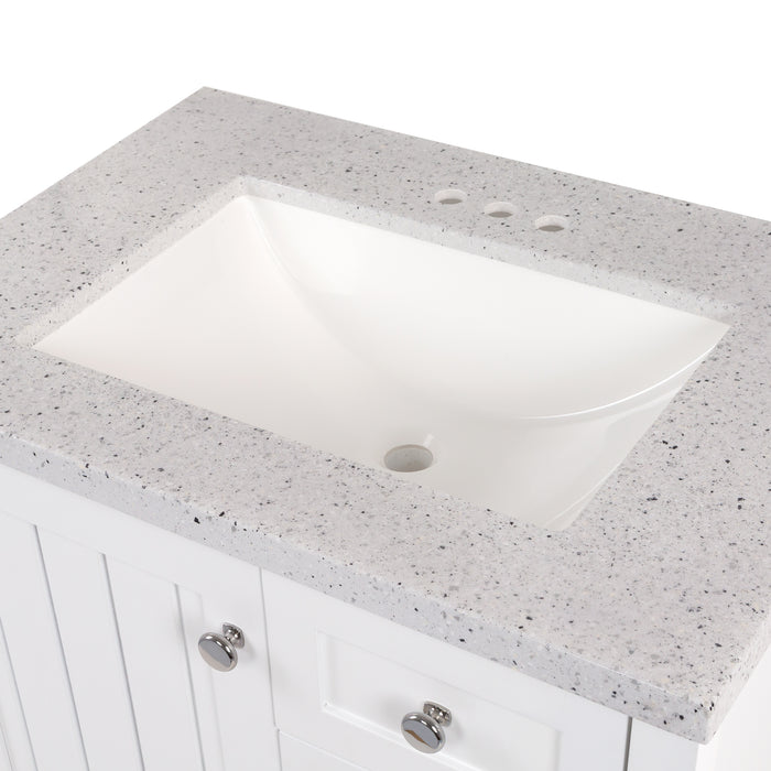 Predrilled white sink on Sykes 31 in white bathroom vanity with 2 drawers, open shelf, cabinet, and silver ash sink top
