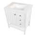 Top view of Sykes 31 in white bathroom vanity with 2 drawers, open shelf, cabinet, and white sink top